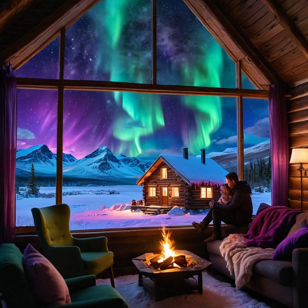 A cozy, romantic cabin in the Arctic landscape, with a warm glow emanating from the windows. Outside, snowflakes fall gently, while a couple snuggles together by a crackling fireplace inside. Northern lights illuminate the sky in vibrant shades of green and purple. The scene should evoke warmth and intimacy amidst the chilly surroundings. super-realistic. vibrant colors. night scene.