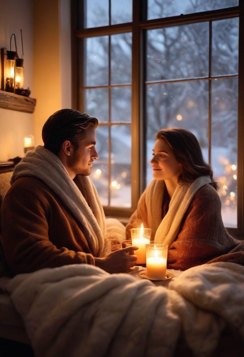 A cozy winter scene featuring a couple wrapped in warm blankets by a crackling fireplace, surrounded by soft snow falling outside a large window. The warm glow of candlelight illuminates their intimate expressions as they share secrets over steaming mugs of hot chocolate. Decorative elements include plush pillows, flickering fairy lights, and a hint of sensual romance in the air. super-realistic. warm tones. intimate atmosphere.