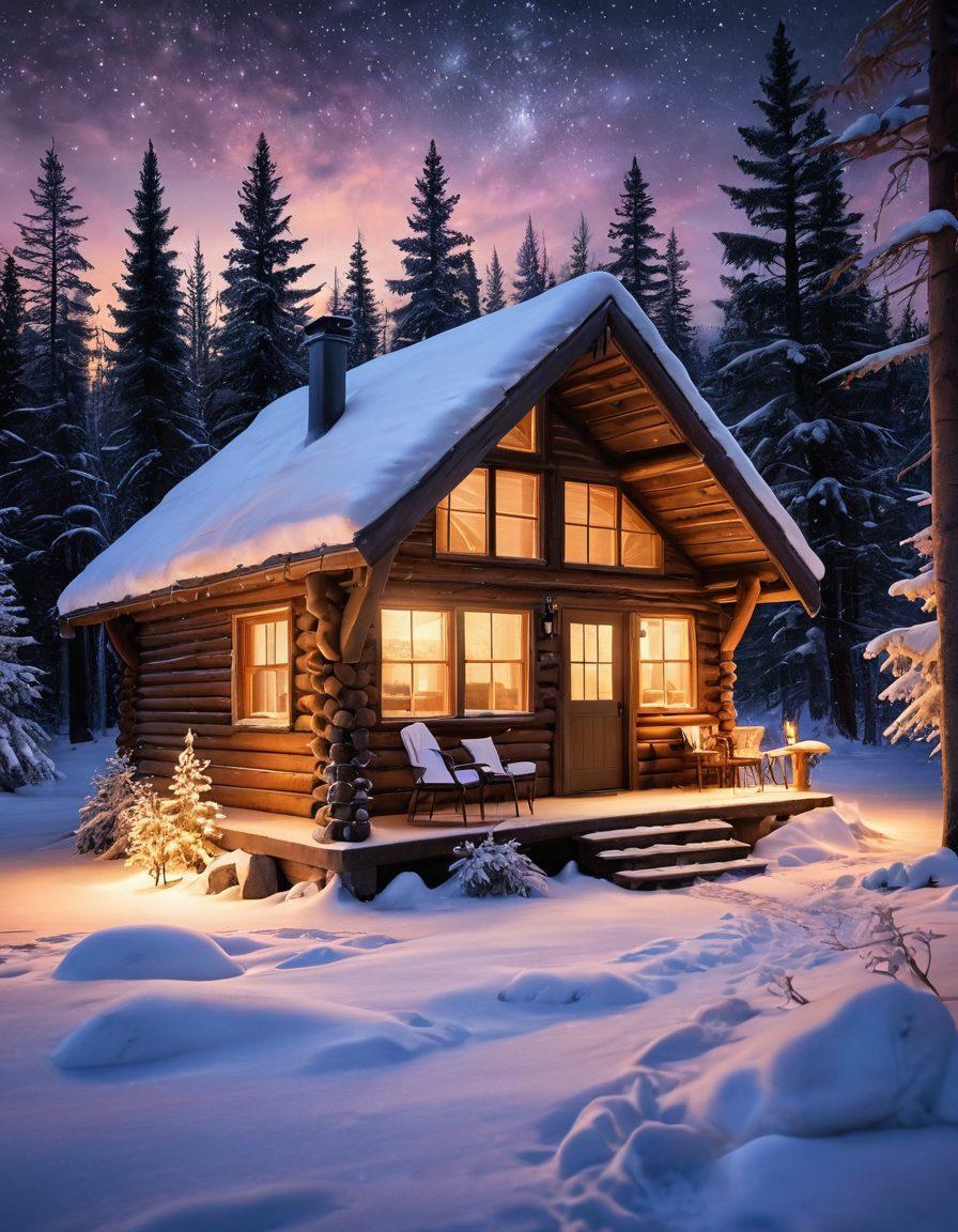A cozy cabin with soft glowing lights, nestled in a snow-covered Arctic landscape. Fluffy snowflakes gently falling from a starry sky. Inside, a warm fire crackles, casting a comforting glow as couples enjoy intimate moments with hot cocoa. Frost-dusted pine trees surround the scene, enhancing the winter atmosphere. soft-focus. warm colors. high detail.